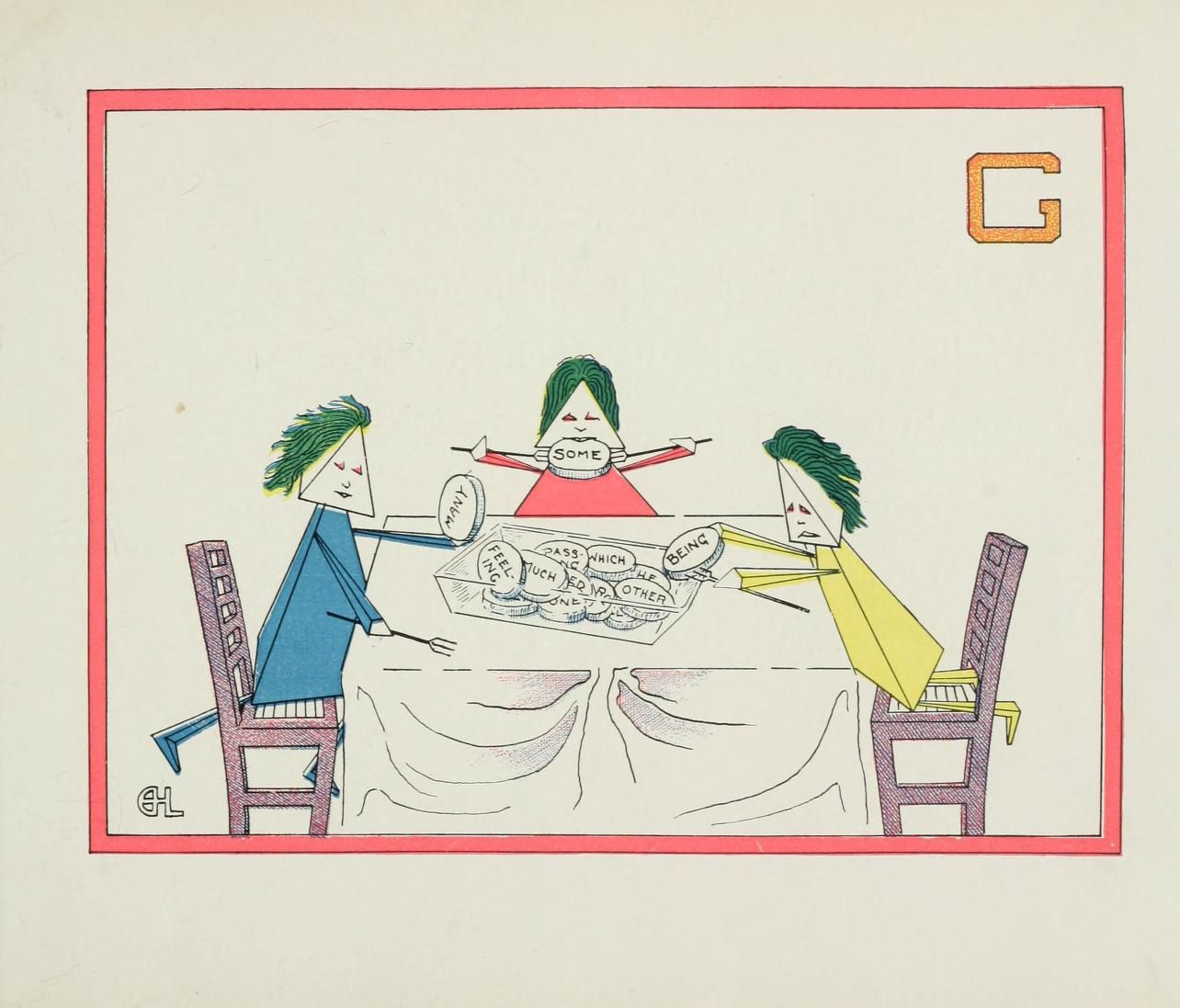 A whimsical illustration of three abstract figures seated around a table covered with words.