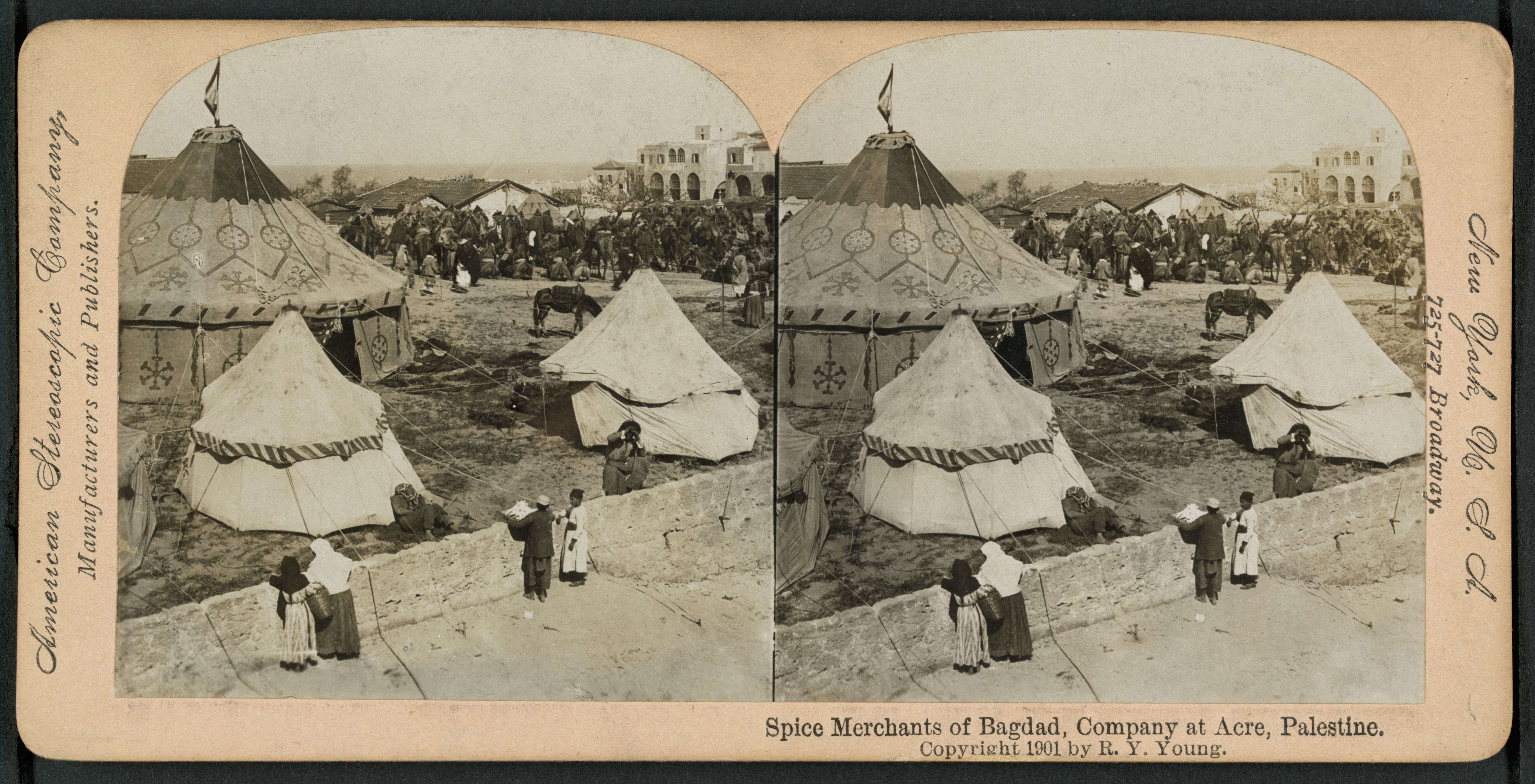 Stereoscopic photograph of a spice market in Acre, Palestine, featuring tents, merchants, and customers.
