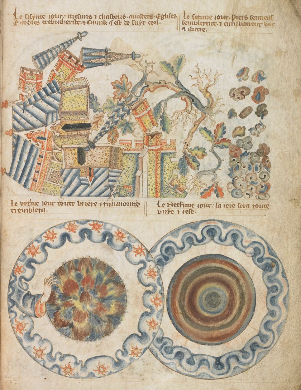 Medieval manuscript illumination depicting a castle under attack and two circular diagrams.