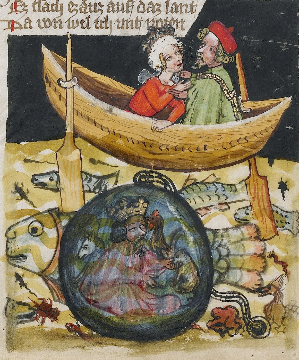 Medieval illustration of a boat with two men above a large sphere containing figures surrounded by sea creatures.