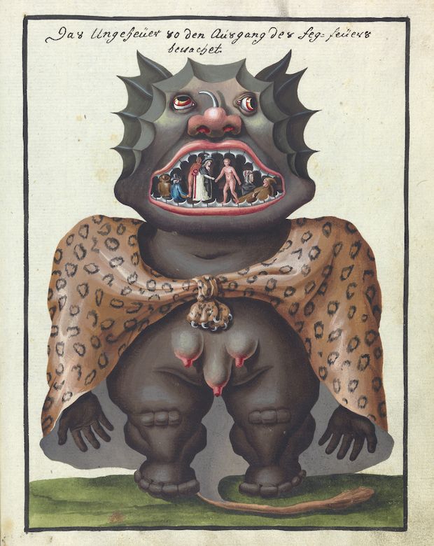 A bizarre and unsettling depiction of a monstrous figure with a gaping mouth containing a miniature scene of people.
