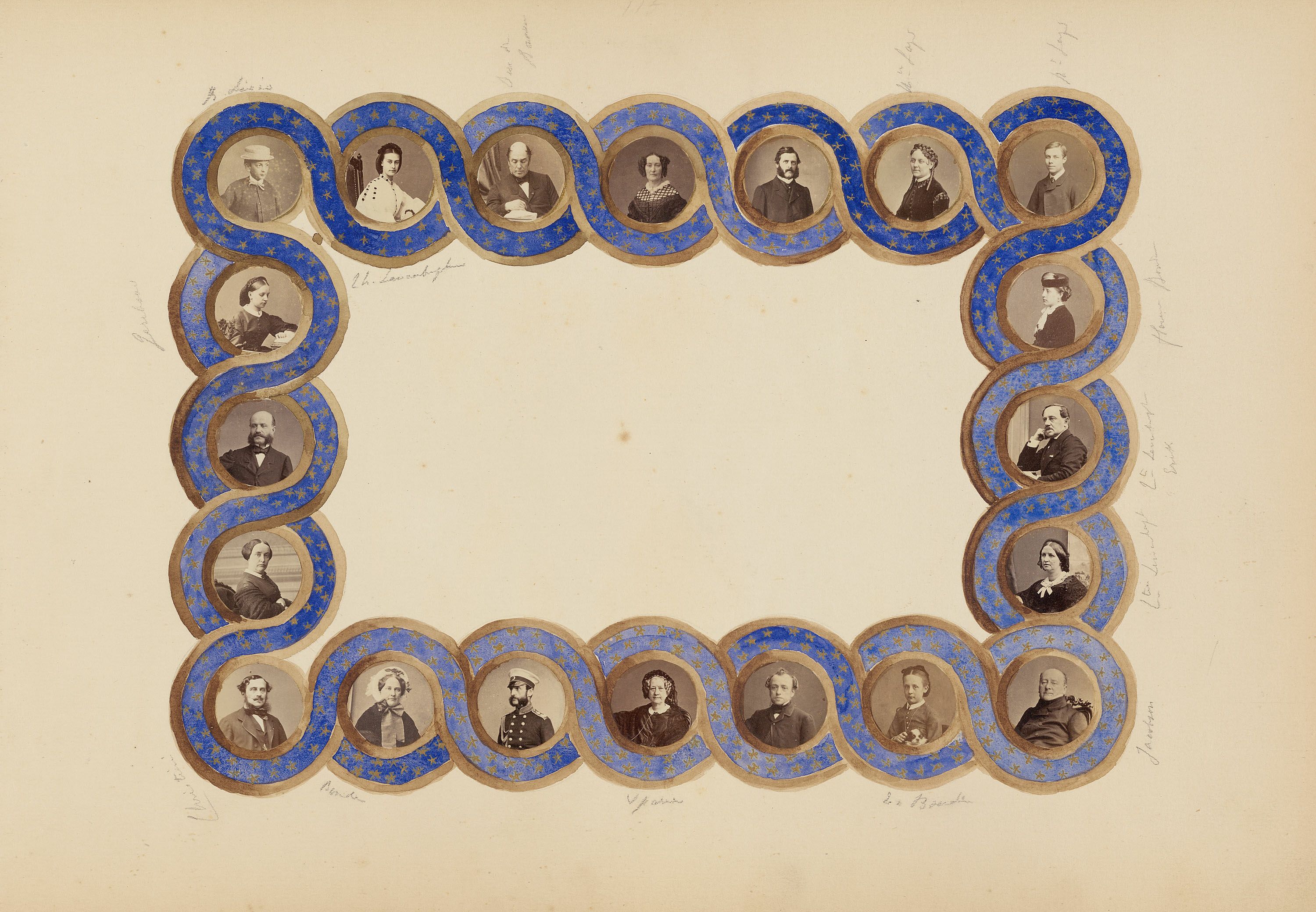 A vintage photograph featuring a decorative frame composed of oval portraits of men and women from the 19th century.
