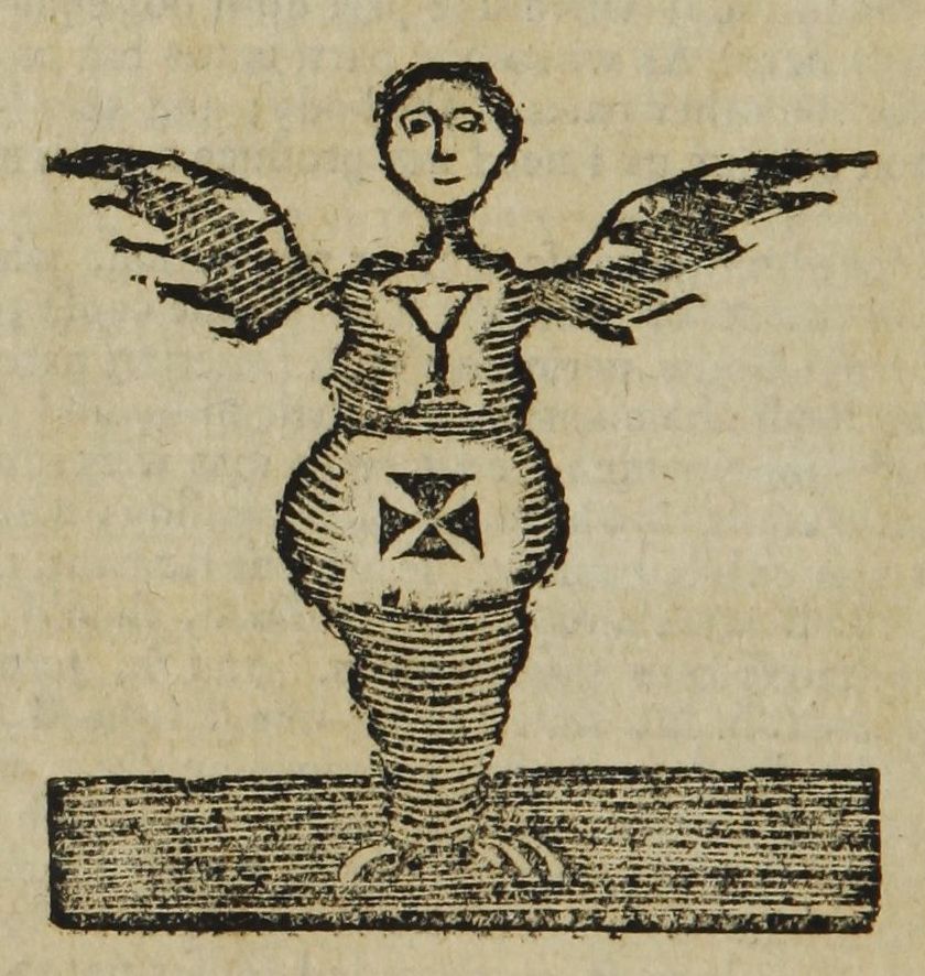 Vintage illustration of a winged figure with symbols on its chest and abdomen, standing on a rectangular base.