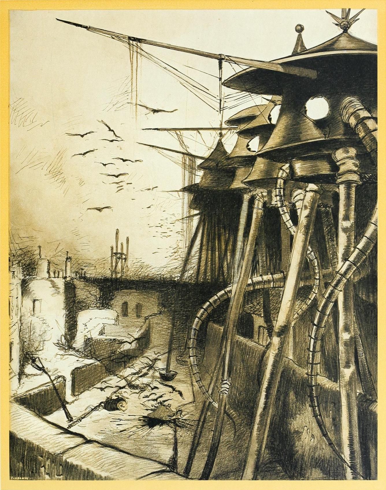 A sepia-toned pen and ink drawing of a futuristic city dominated by towering mechanical structures resembling giant walkers. The city is in ruins, with crumbling buildings and debris scattered across the streets. Birds fly in the sky above the city, and mechanical arms with claws reach down towards the street.