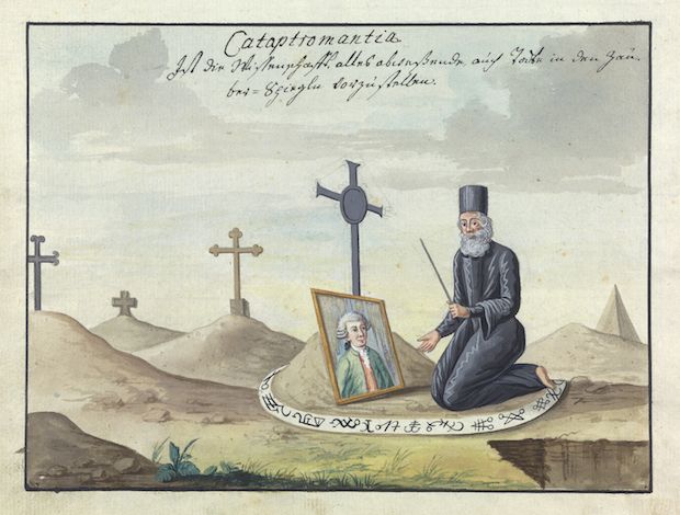 Watercolor painting of a man kneeling in front of a portrait in a graveyard with crosses in the background.