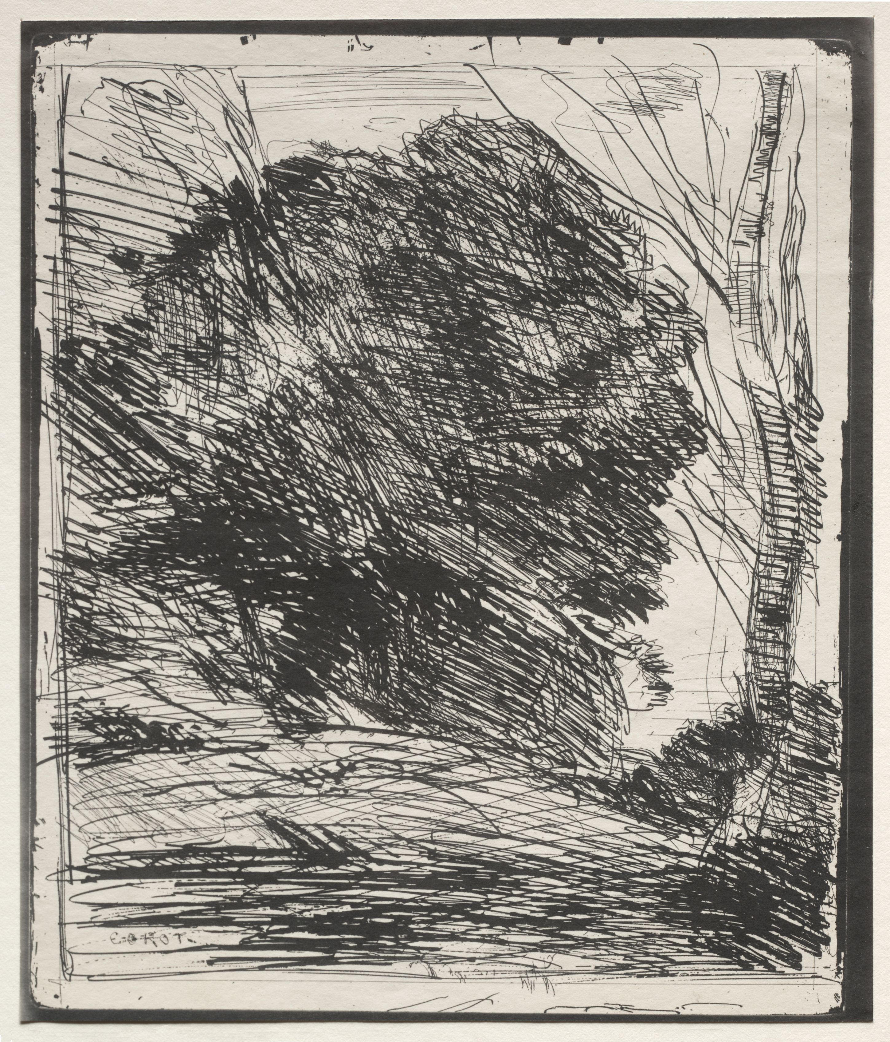 A black and white etching of a large, dense tree with energetic lines, set against a backdrop of a windy sky and ground.