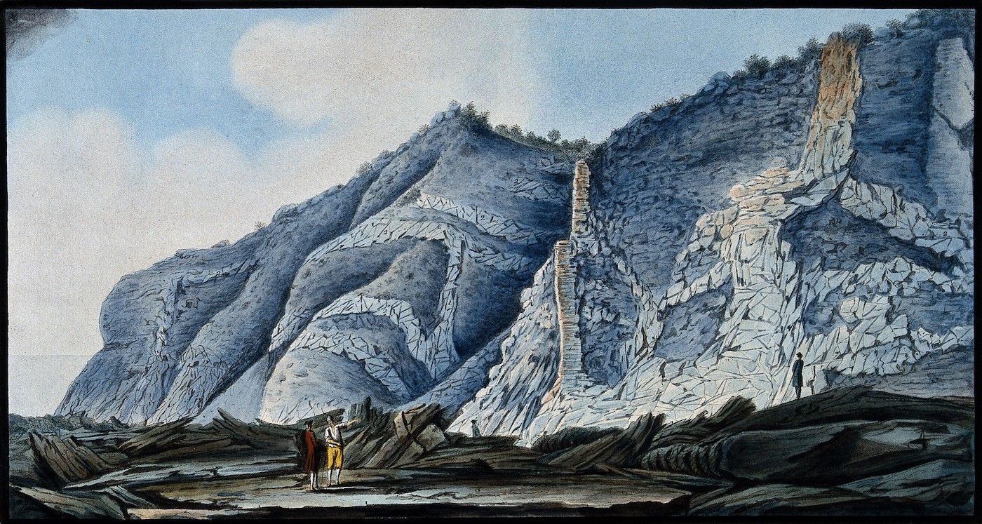 Watercolor painting of a rocky cliff face with a winding path and small figures in the foreground.