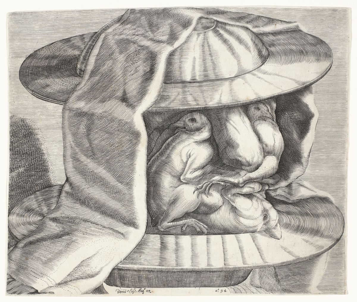 A black and white engraving of a fetus inside a uterus.