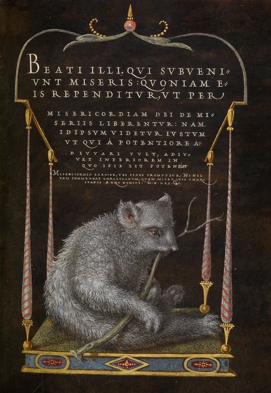 Illuminated manuscript page depicting a shrouded figure seated on an ornate chair suspended by pillars, with Latin text surrounding the image.