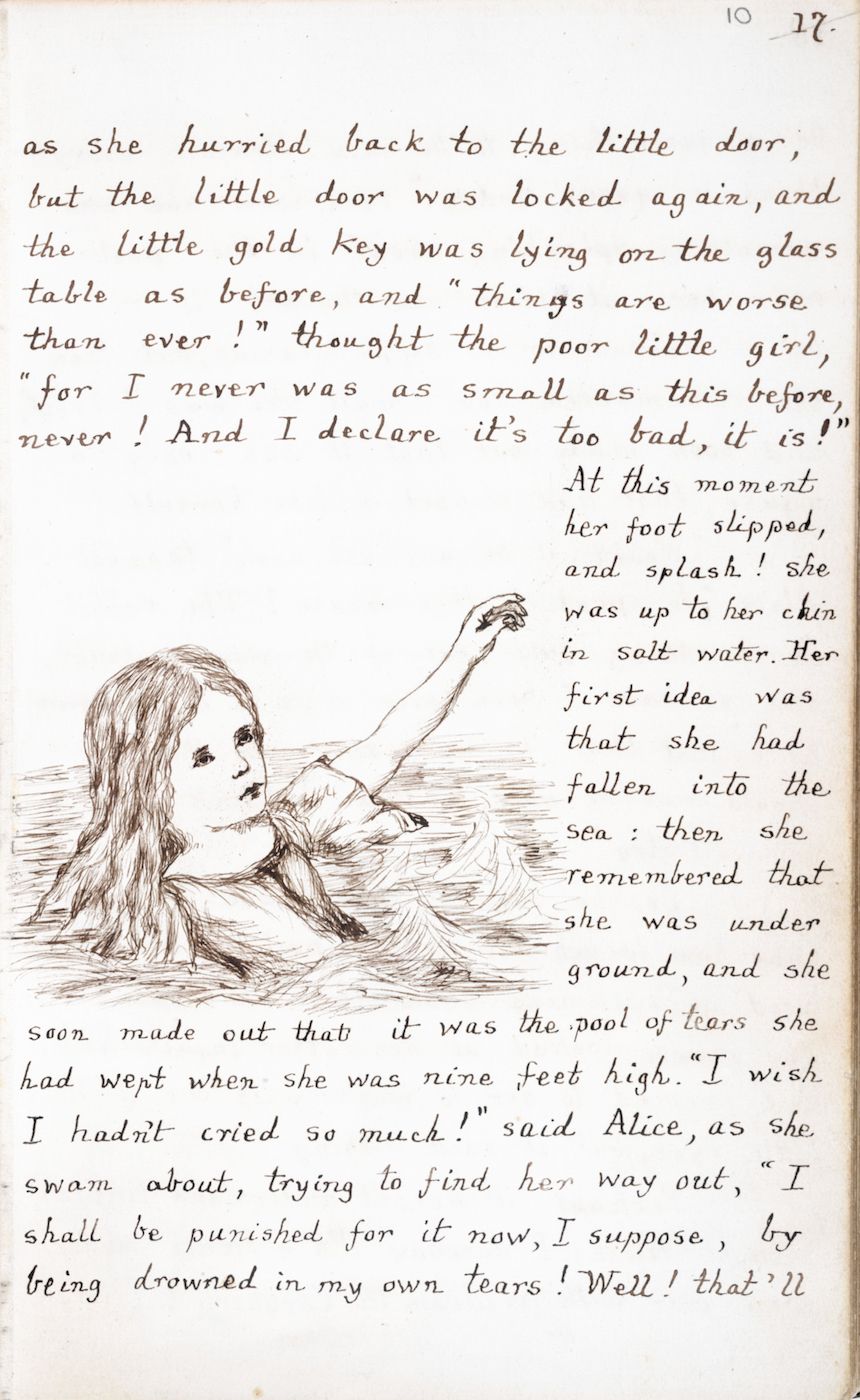 A black and white illustration of Alice swimming in a pool of her own tears, with a table and key in the background.