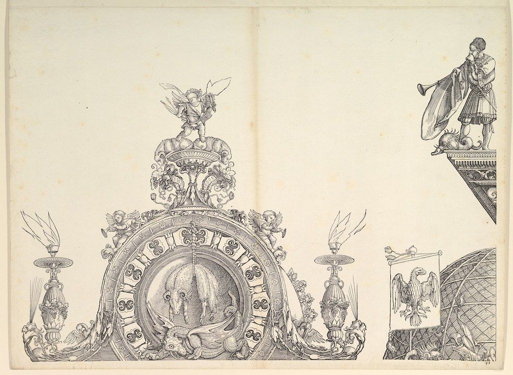 A black and white drawing of a festival or parade design, featuring ornate structures, cherubic figures, and a figure playing a trumpet.
