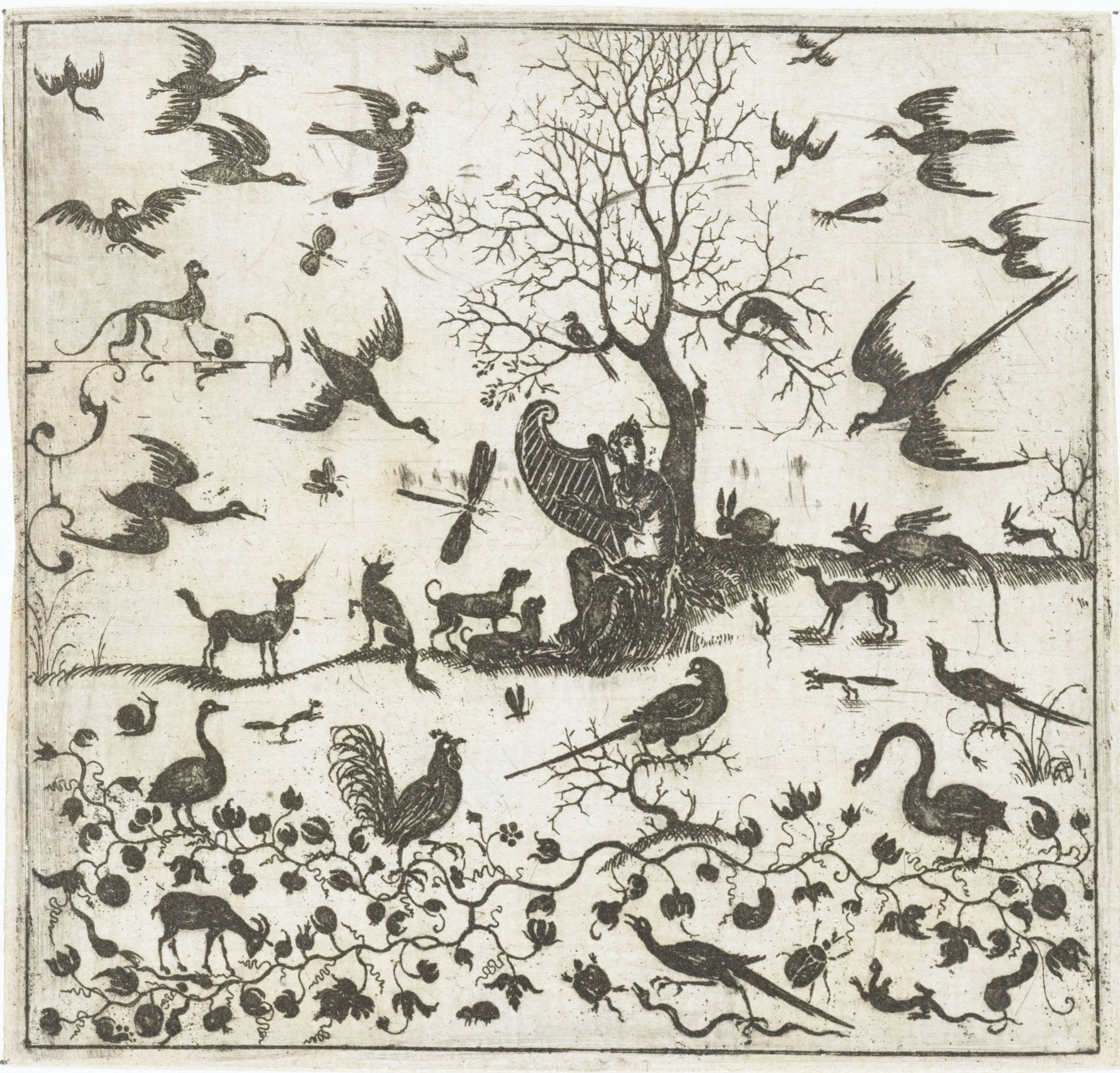 A black and white engraving depicting a person seated beneath a tree, surrounded by a multitude of animals and birds.