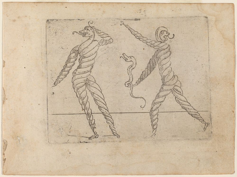 A vintage drawing on aged paper depicting two fantastical figures with spiraling bodies reaching towards each other.
