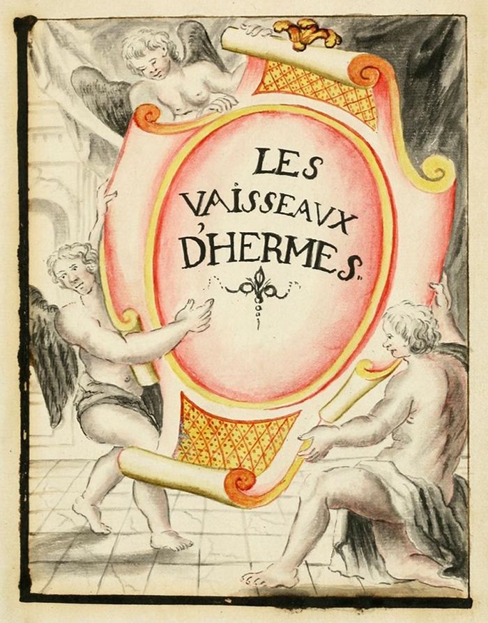 Vintage illustration of two angels flanking a pink shield with the text “LES VAISSEAUX DHERMES”.