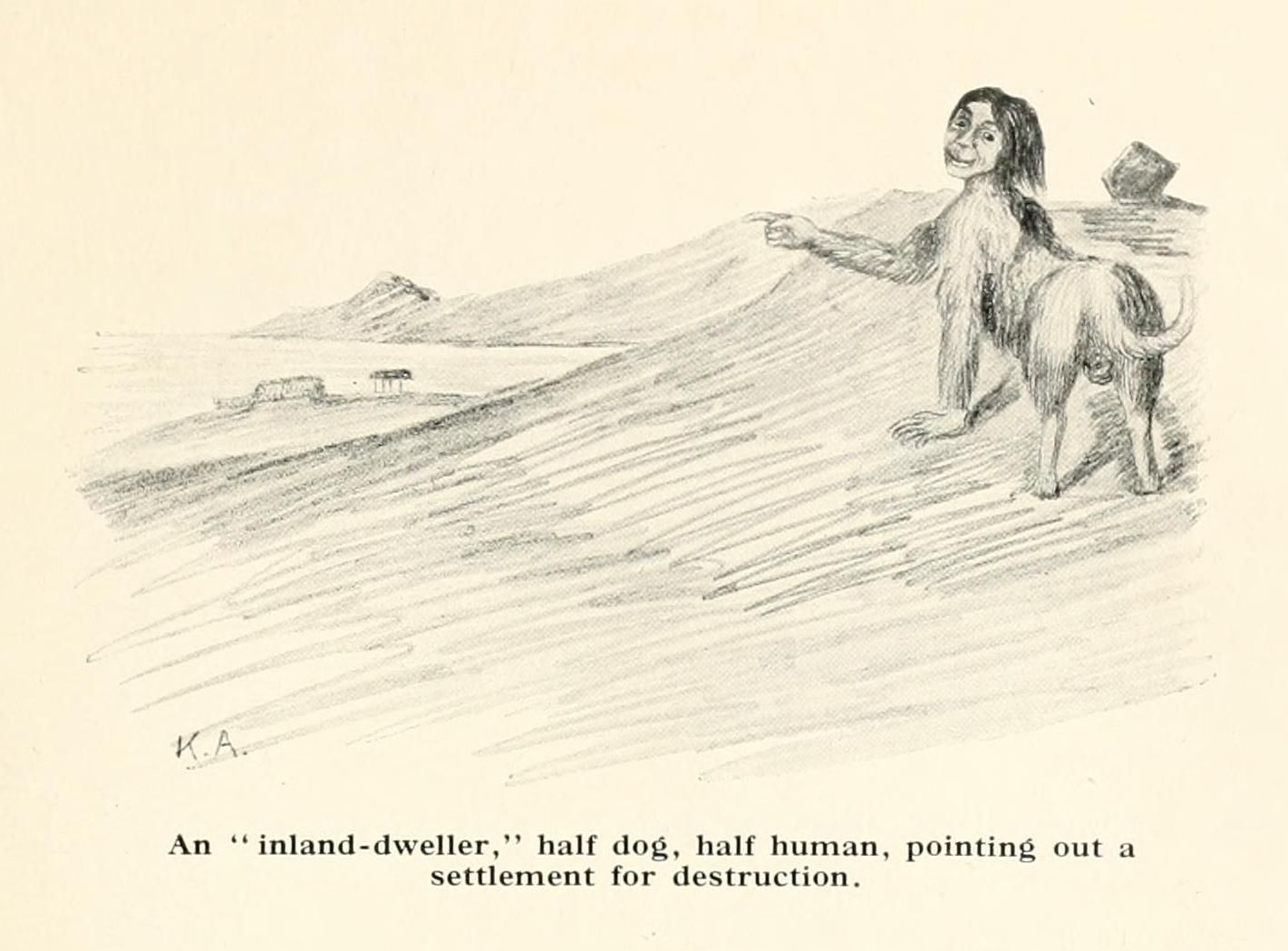 A black and white sketch of a half-human, half-dog creature pointing towards a distant settlement.