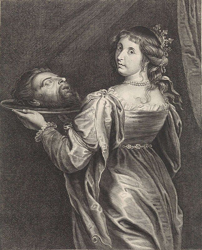 A black and white engraving of a woman holding a platter with a severed head on it.