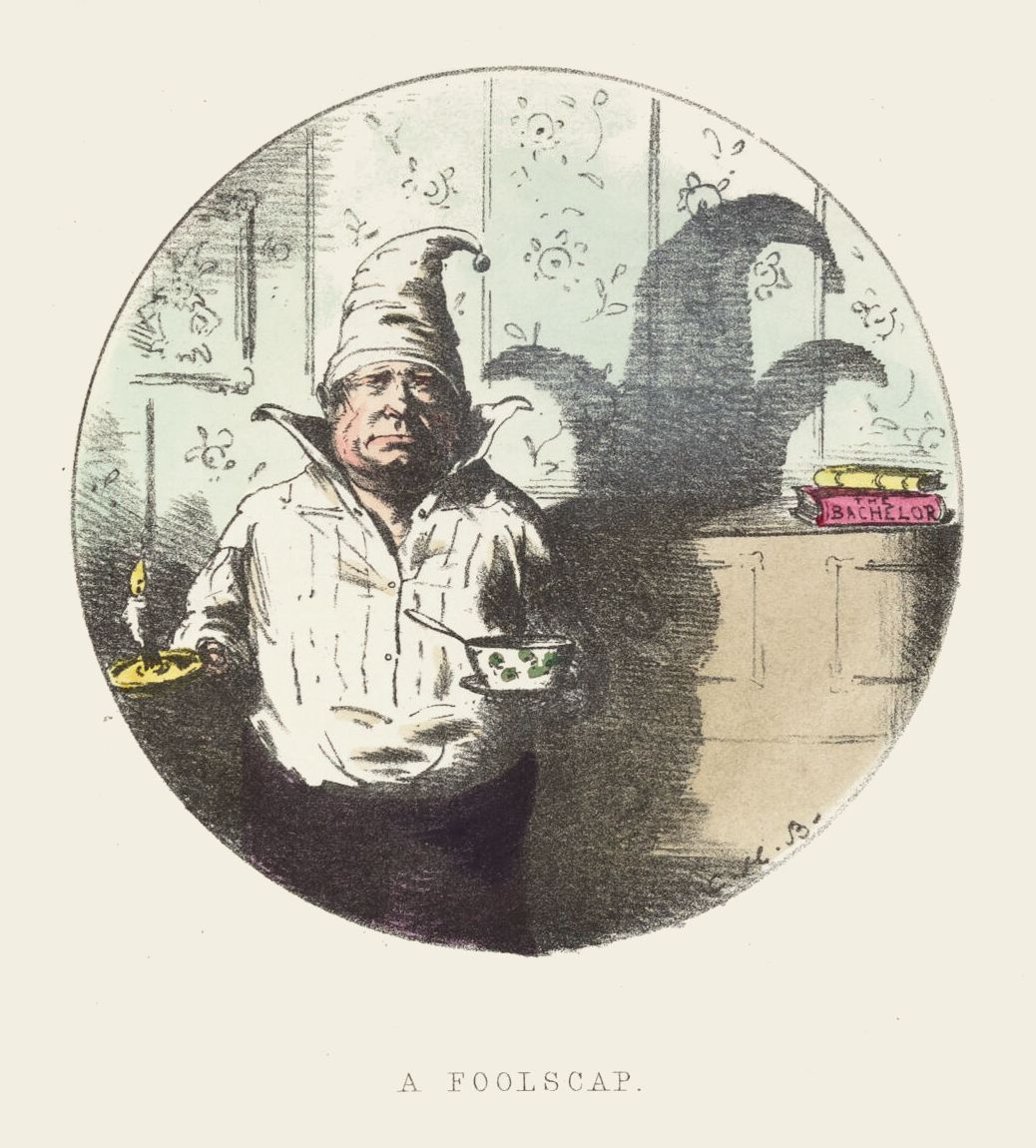 A vintage illustration of a man in a hat holding a paint palette, with a shadow cast on the wall behind him. The text 'A FOOLSCAP' is written below the image.