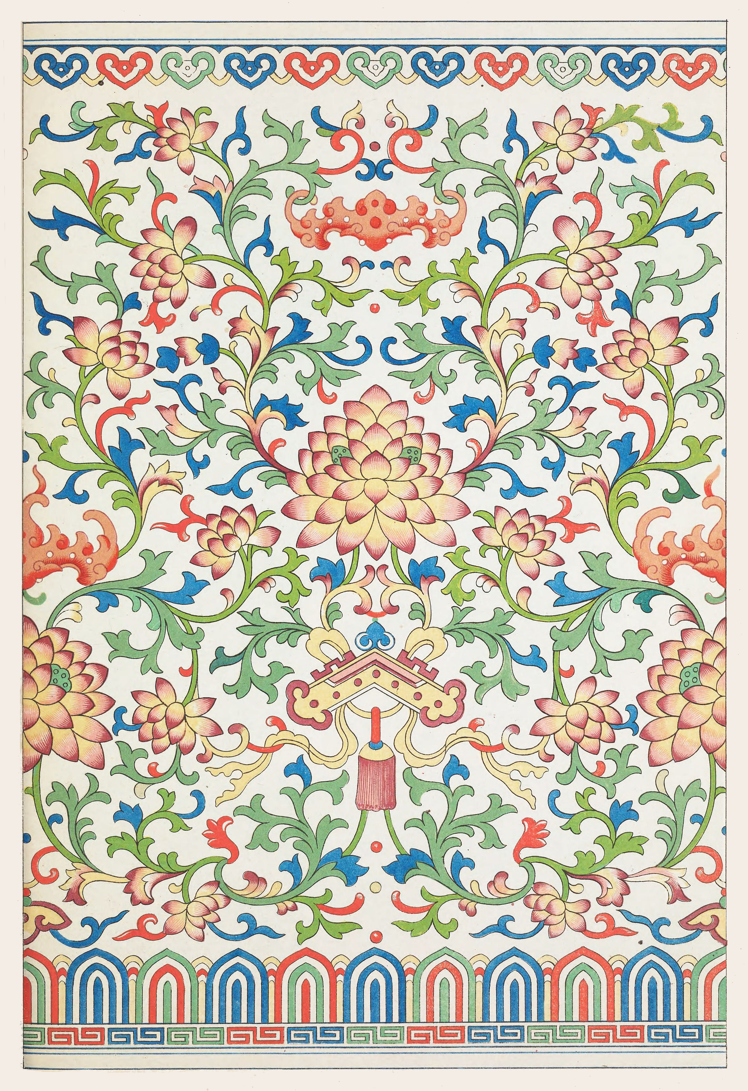 A detailed illustration of a traditional Tibetan textile pattern featuring a central lotus flower surrounded by swirling vines and blossoms, with decorative borders at the top and bottom.