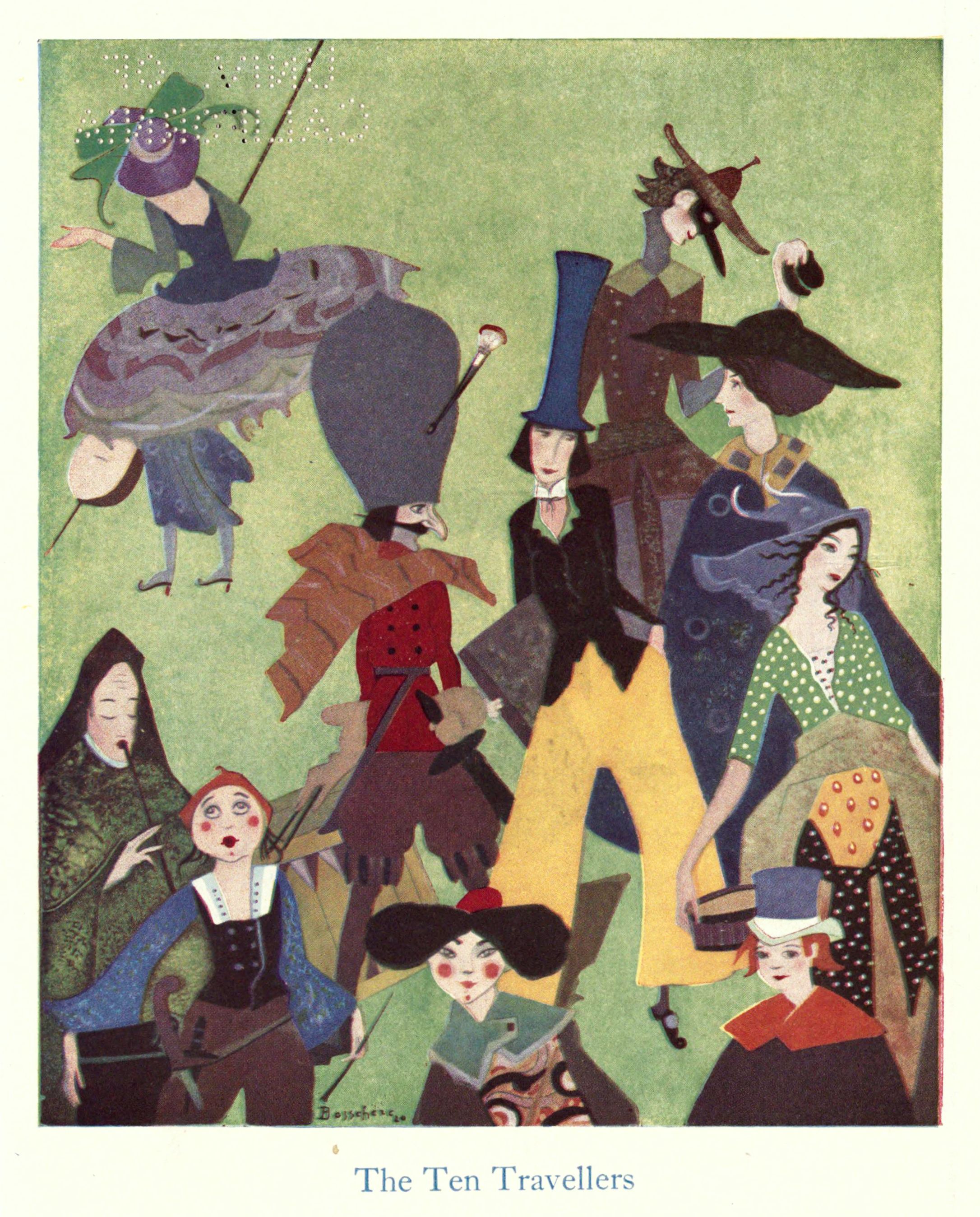 A vintage illustration titled "The Ten Travellers" depicting a group of ten stylized figures with unique and exaggerated features and clothing.
