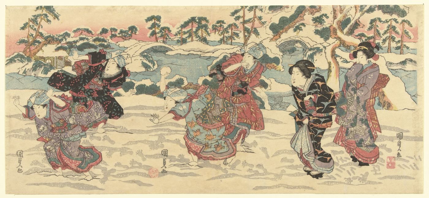A Japanese woodblock print depicting a winter scene with several figures playing in the snow.