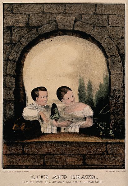 Vintage print titled "Life and Death" depicting two children looking out of a stone archway, with an optical illusion of a skull visible from a distance.