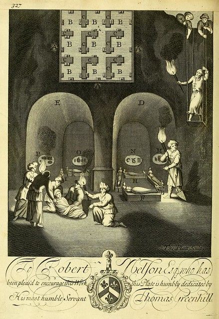 A black and white engraving depicting a cavernous space with arched openings framing scenes of people gathered around tables and reclining figures. A diagram of letters 'B' and 'C' is at the top, and a figure climbs a ladder with a torch. Below the arches is a decorative cartouche with text and a coat of arms.