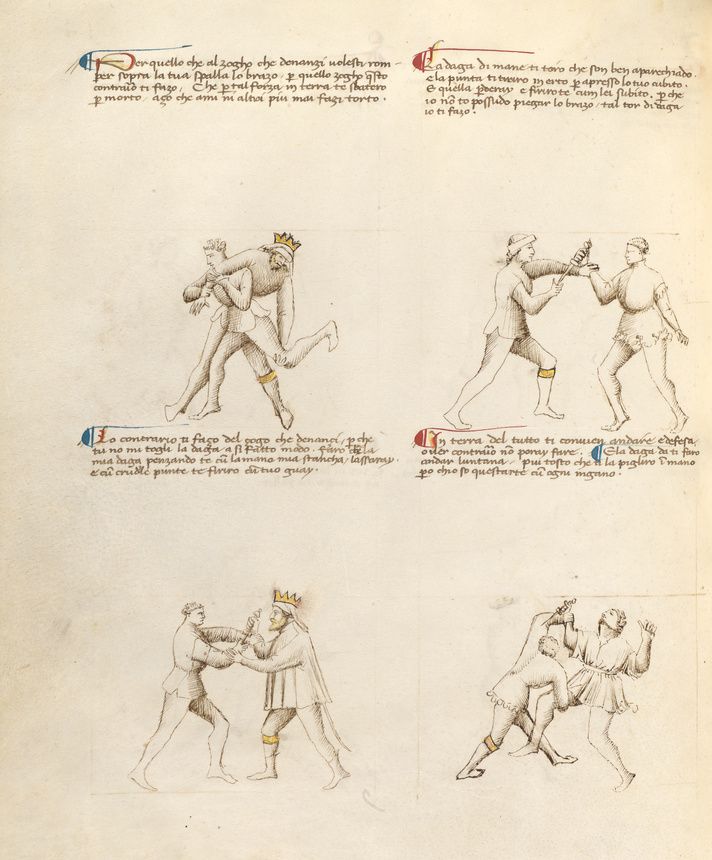 A page from a medieval manuscript with five illustrations of men fighting with swords.