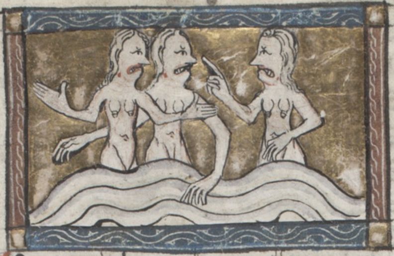 Medieval manuscript illustration of three nude figures in water, engaged in conflict.