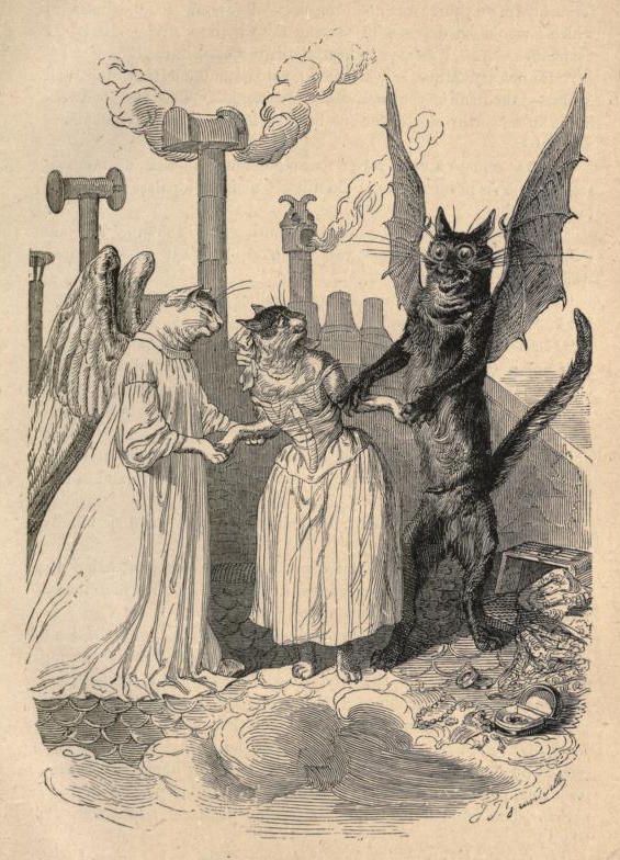 Vintage illustration of three anthropomorphic cats in an industrial landscape.