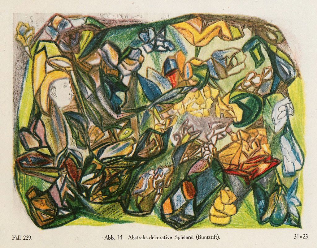 A colorful abstract drawing with fragmented figures and geometric shapes in shades of blue, green, red, yellow, and brown.