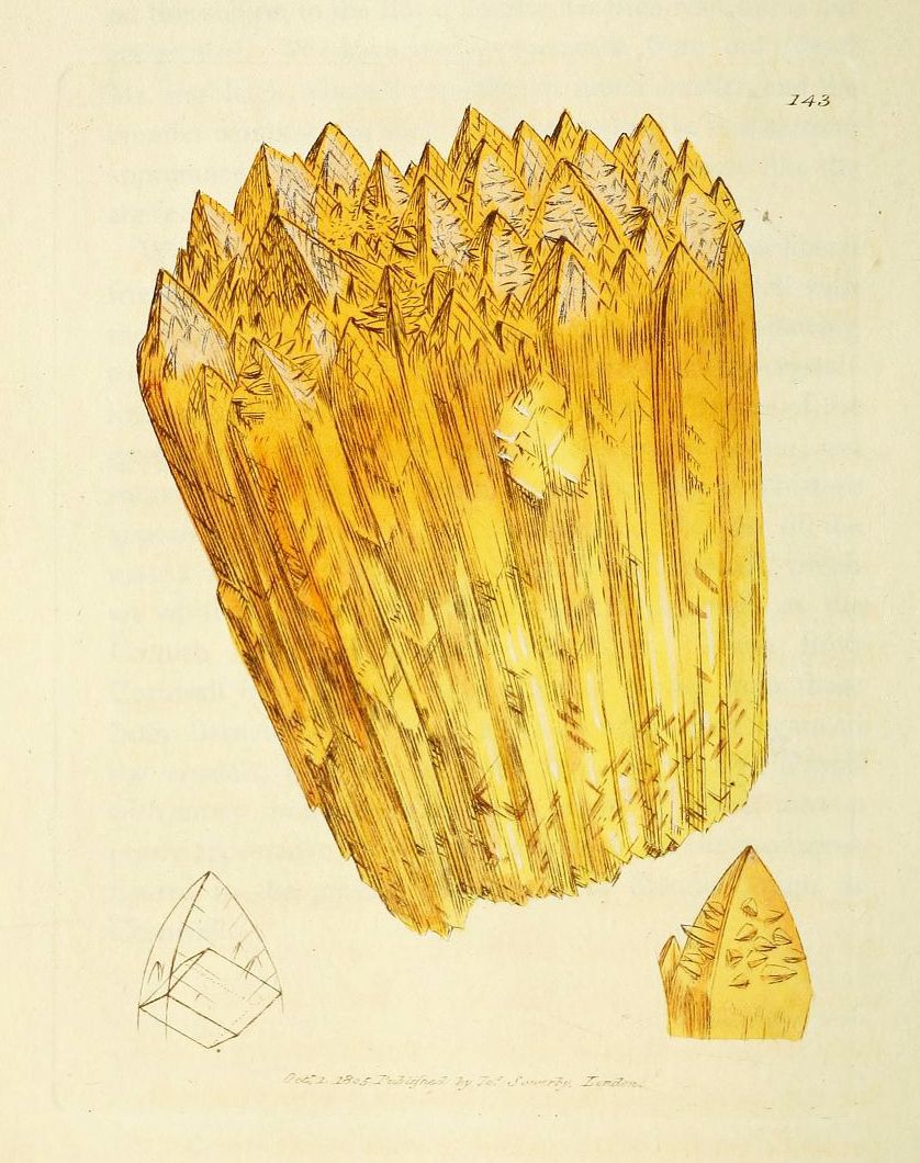 Vintage illustration of a golden yellow crystal formation with detailed line work and two smaller sketches of crystal segments.