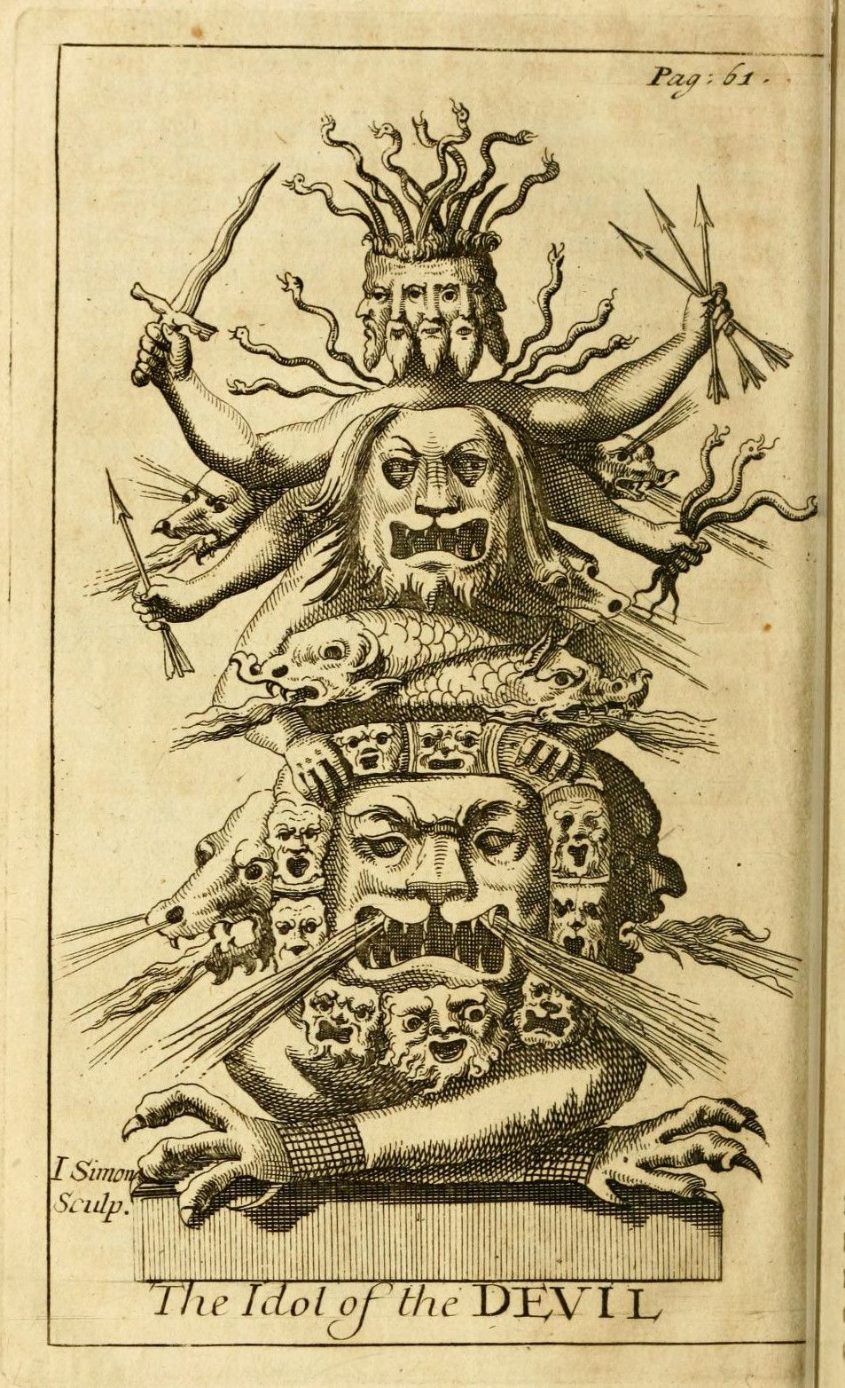 A black and white engraving of a multi-faced idol titled 'The Idol of the DEVIL'. The idol is constructed from numerous grotesque faces stacked upon each other, with multiple arms holding daggers. The image is rendered in a detailed engraving style, evoking a sense of horror and dread.