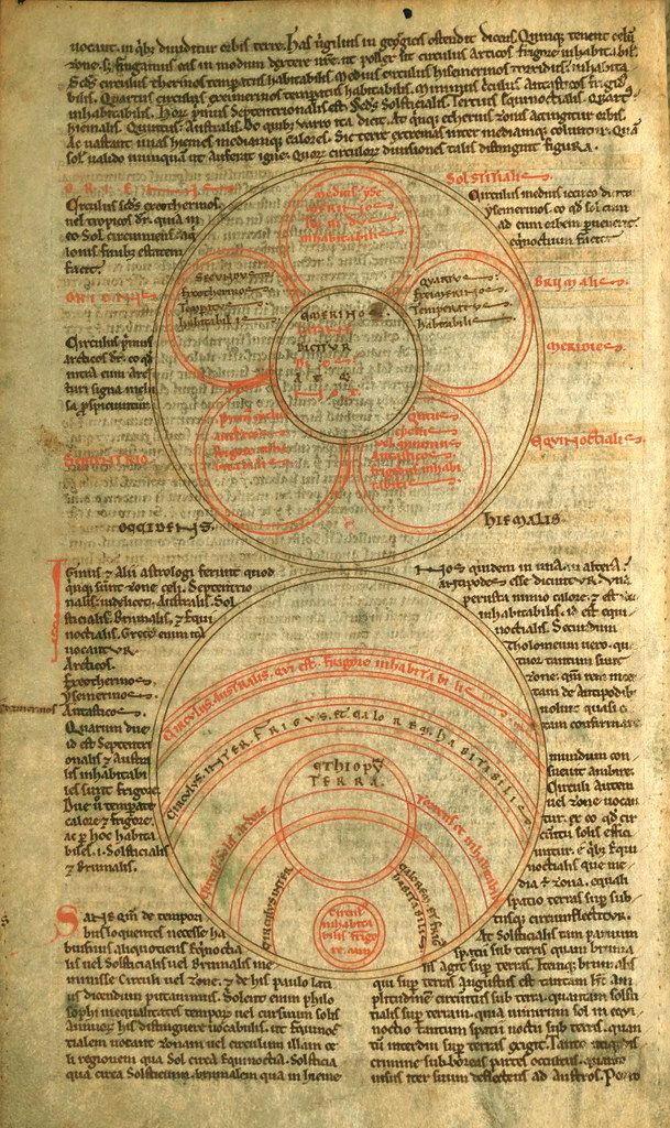A detailed image of a medieval manuscript page featuring a complex astrological chart with concentric circles rendered in red ink and dense Latin text.
