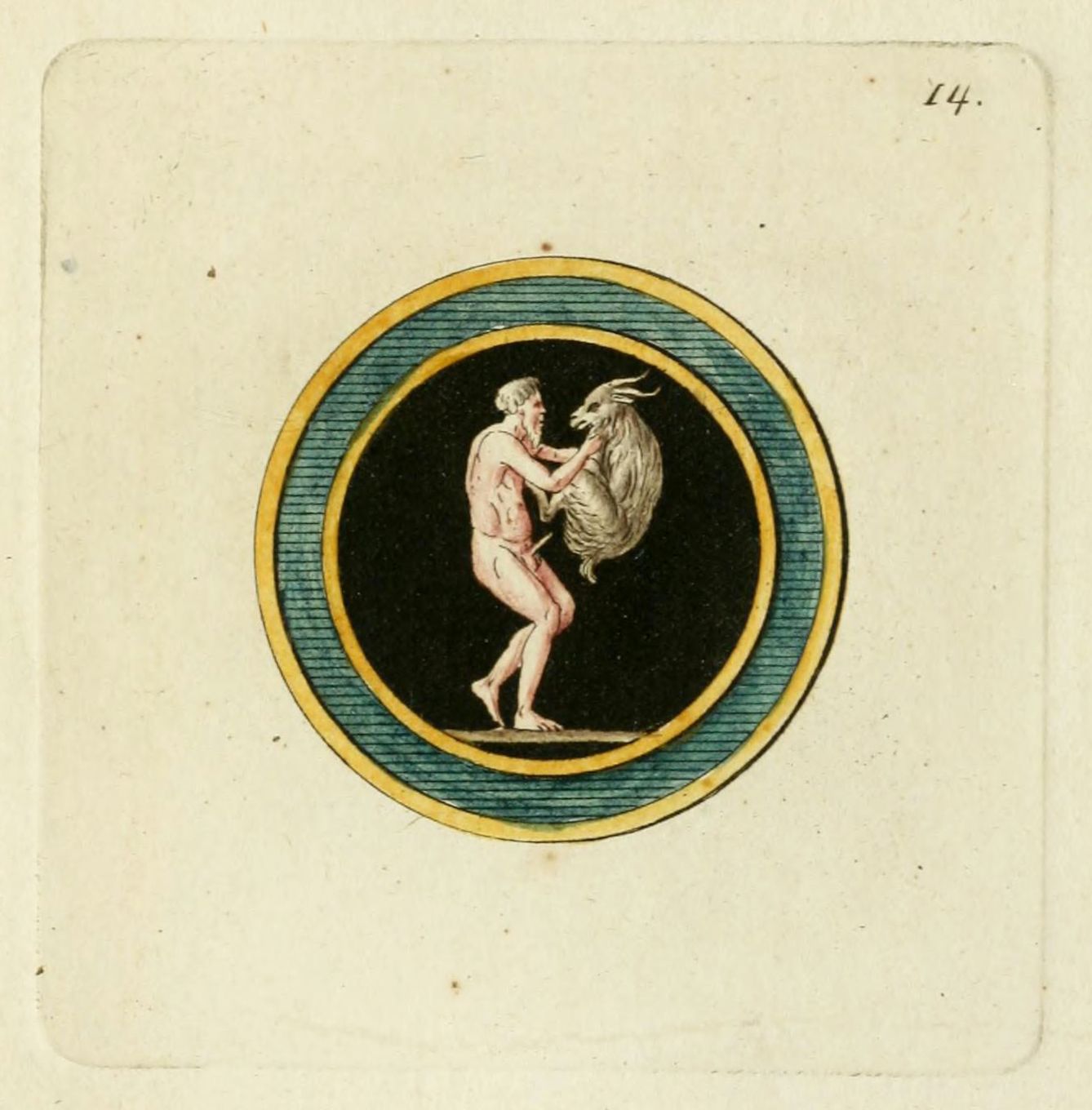 Circular illustration of a nude man wrestling with a horned, bird-like creature, set within a layered blue and yellow oval on a cream background. The number '14' is handwritten in the upper right corner.