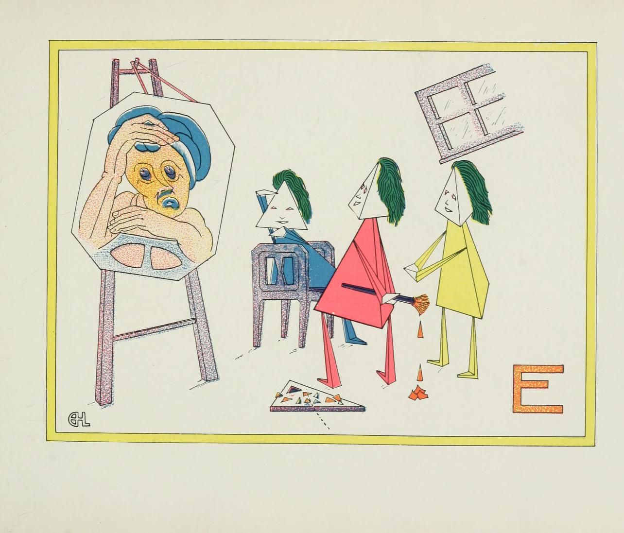 A whimsical illustration with geometric figures depicting a distressed person and observers, surrounded by broken fragments and stylized letter 'E' shapes.