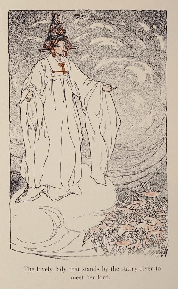 A vintage illustration of a lady standing by a starry river, waiting for her lord.