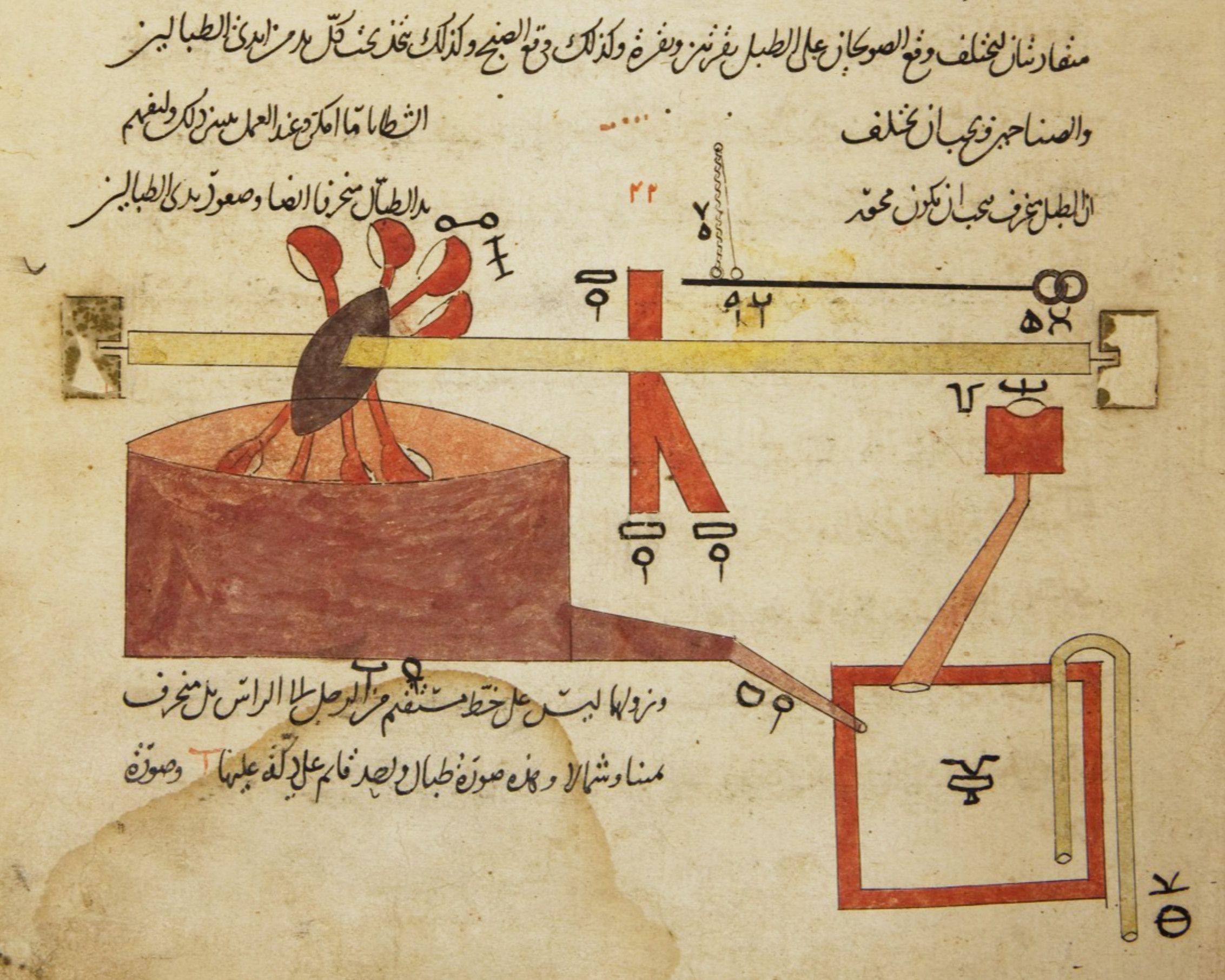 An illustration from an old manuscript depicting a complex mechanical device attached to human skin, with a fly hovering nearby and surrounded by Arabic script.