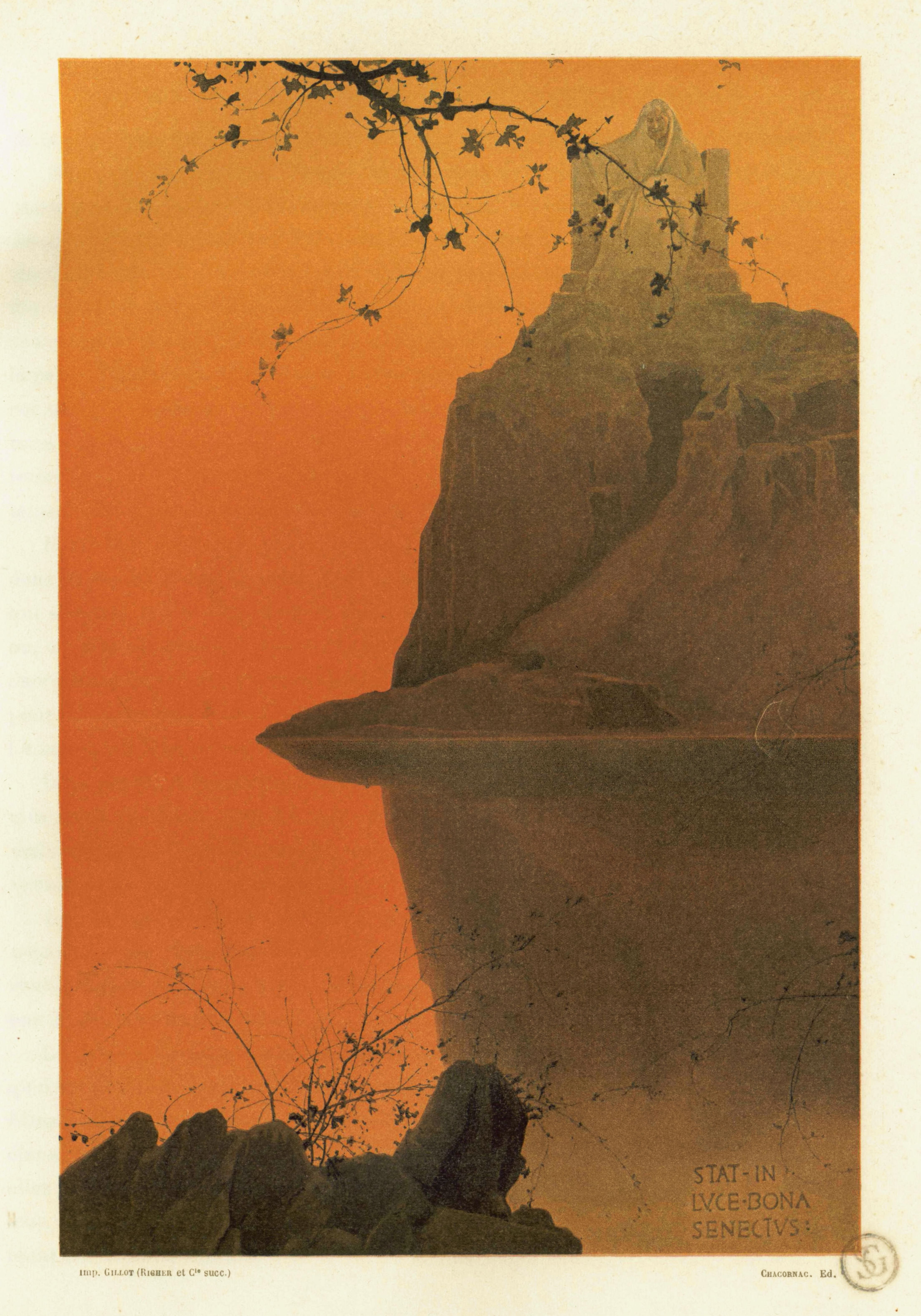 Vintage print of a castle reflected in water, with a fiery orange sky and text in Latin.