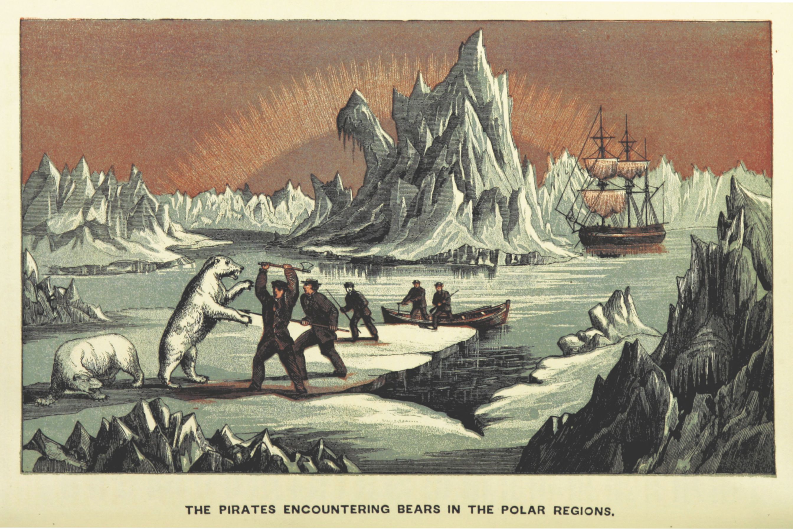 Vintage illustration of pirates encountering polar bears in a frozen landscape.