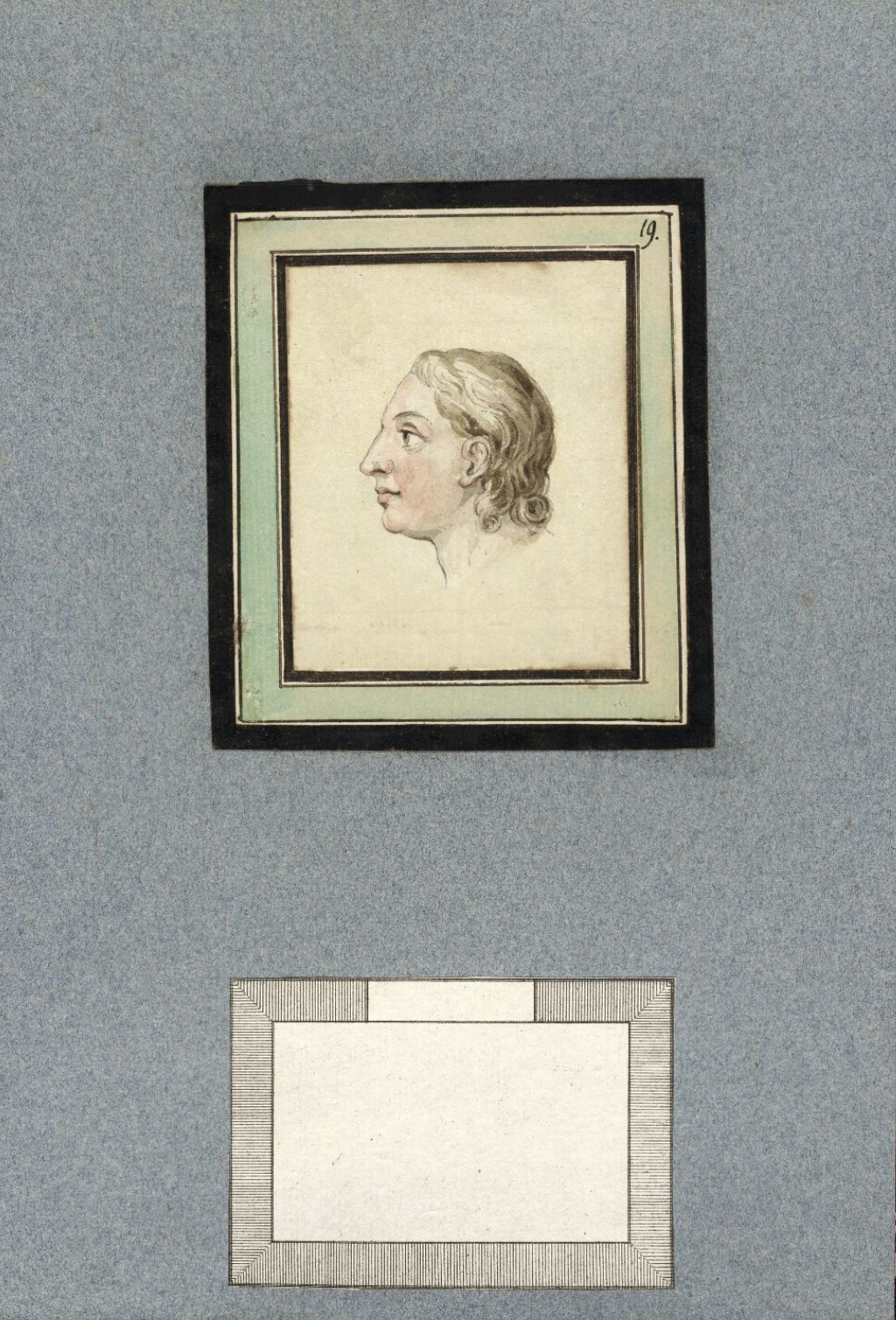 Vintage illustration of a portrait in profile within a decorative frame, with a blank framed space below.