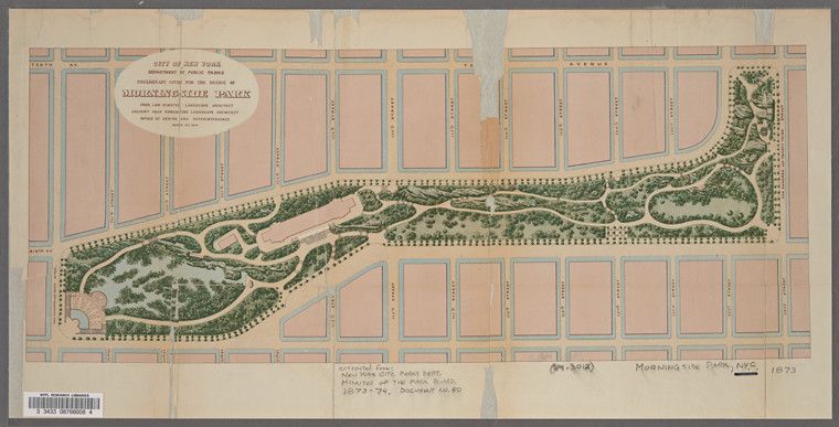 Vintage map of Morningside Park in New York City, dated 1873, showing the park's layout within a grid of city blocks.