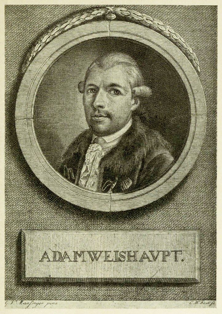 Black and white engraving of Adam Weishaupt in an oval frame.