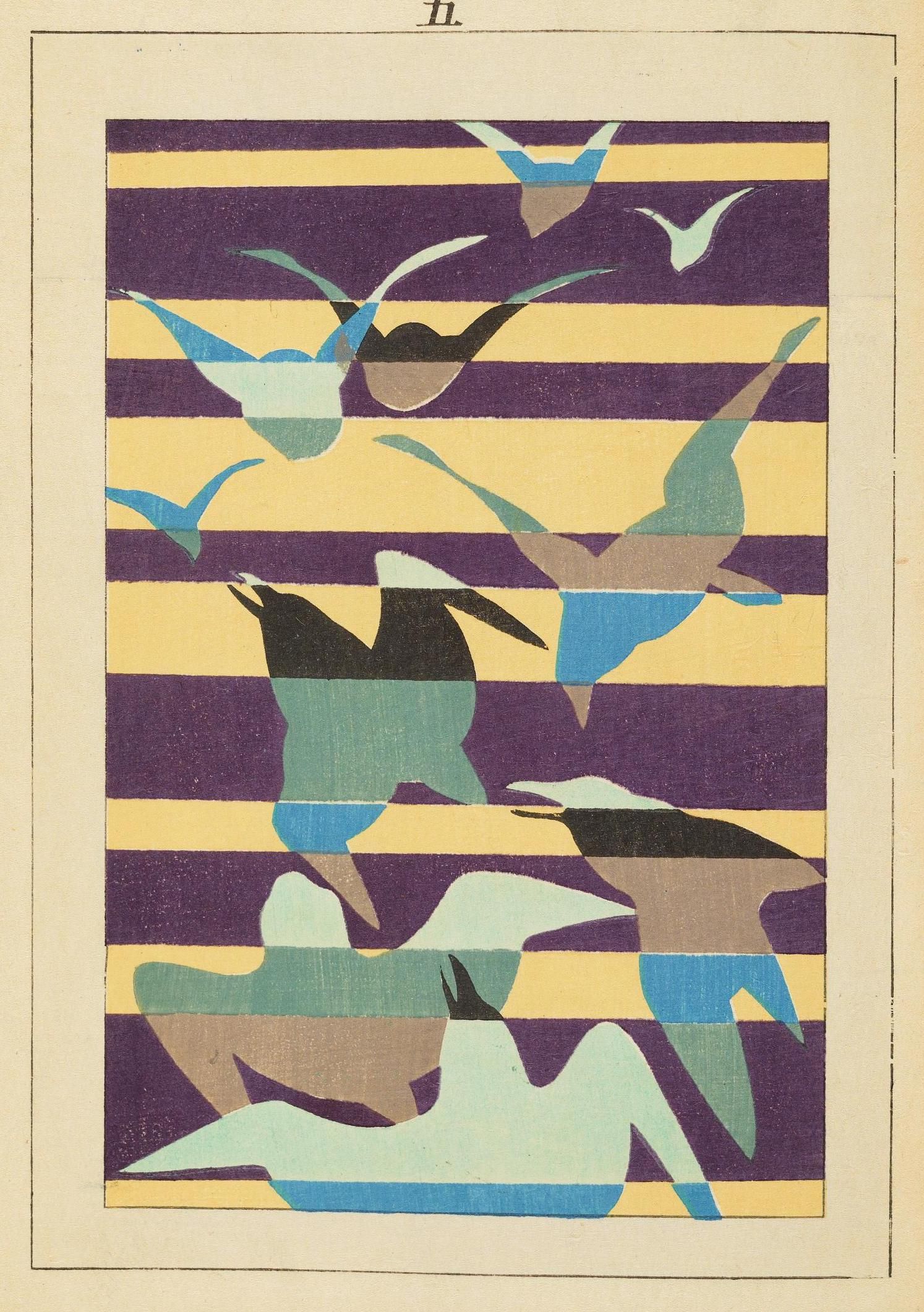 Abstract illustration of birds in teal, brown, and blue against a striped yellow and purple background.