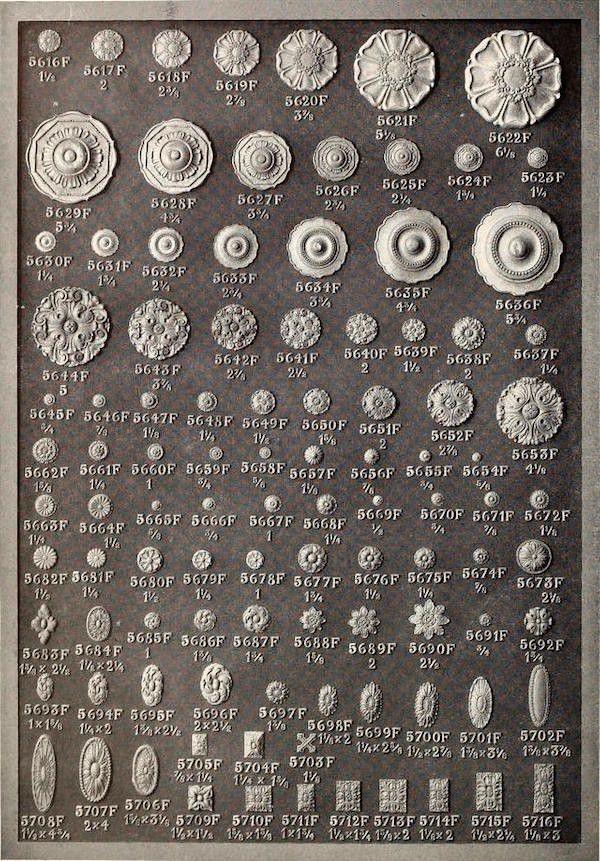 A vintage catalog page with a grid layout of detailed illustrations of decorative elements, each labeled with a code and size measurement.