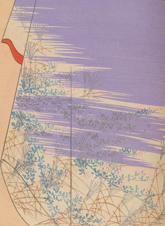 Vintage illustration of plants and grasses in shades of purple, teal, and brown on a beige background, with a red curved line.