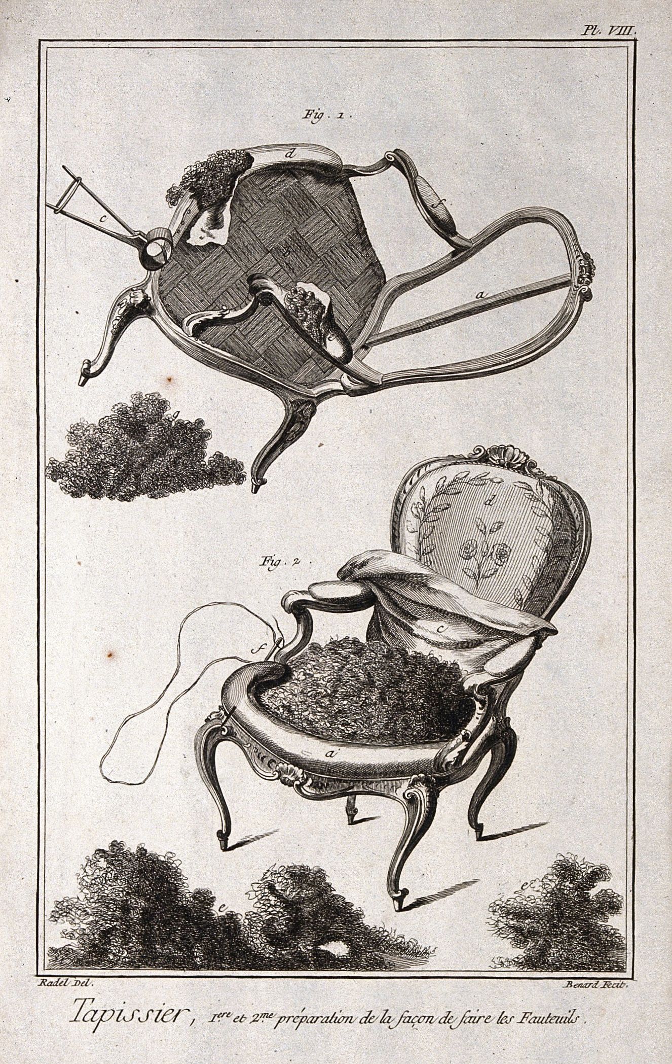 Vintage illustration of chair construction with two figures showing different stages of the process.