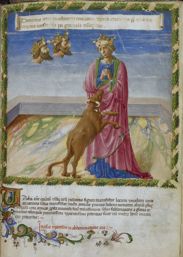 Illuminated manuscript page with a woman and a dog.