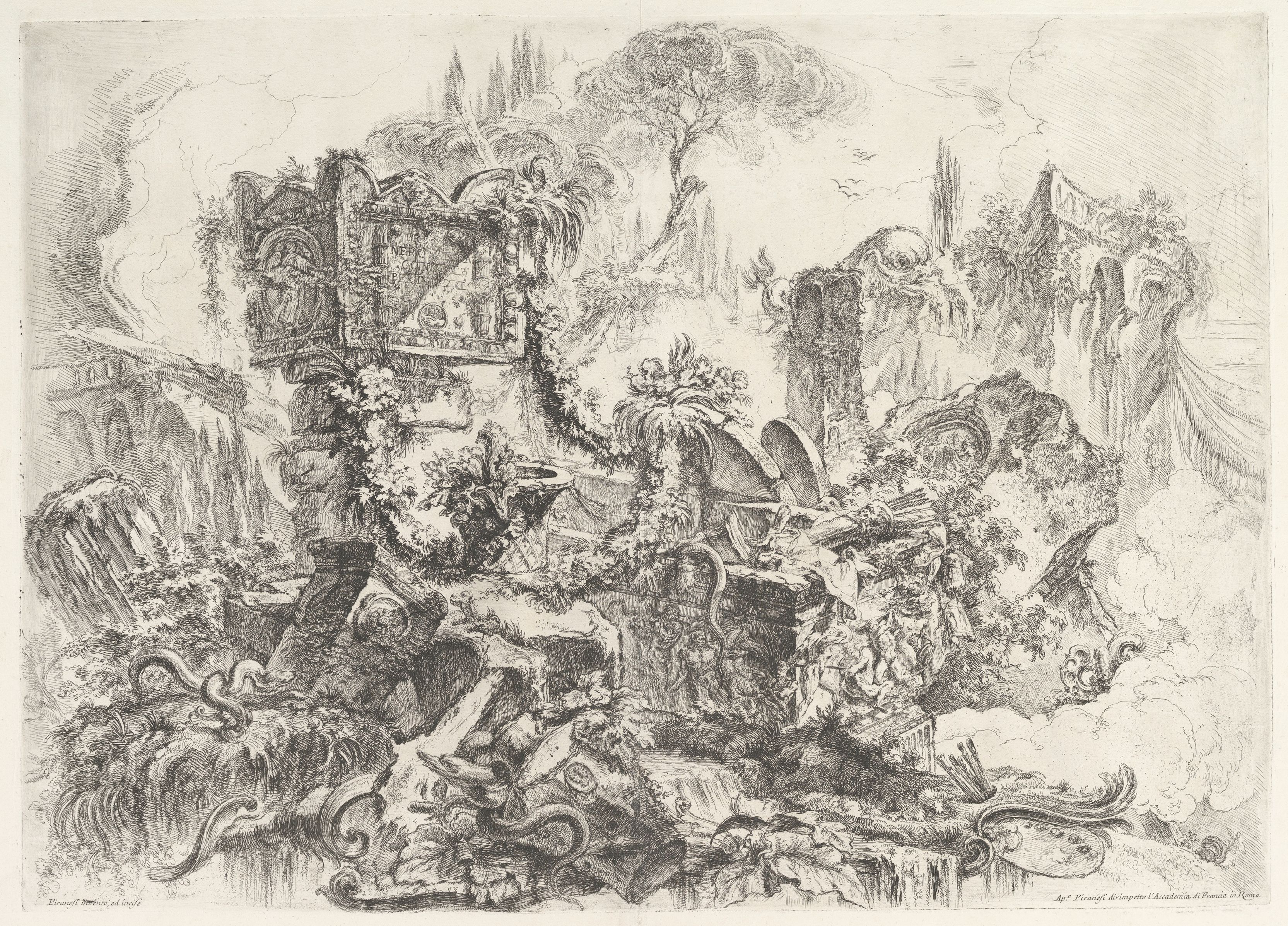 A black and white etching depicting a fantastical landscape filled with classical ruins and lush vegetation.
