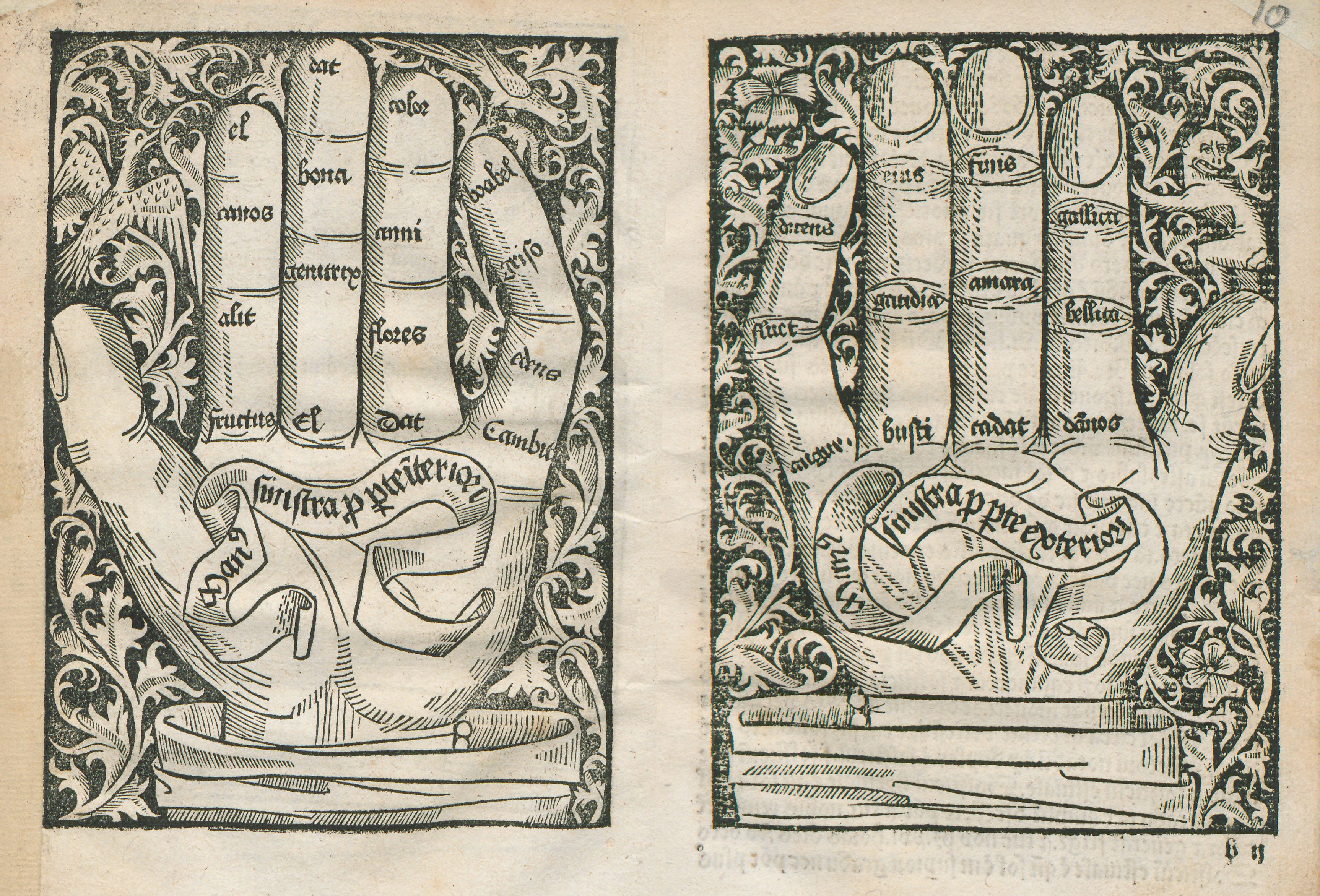 Two panels on an aged page, each featuring a hand with fingers labeled in Latin, surrounded by ornate borders.