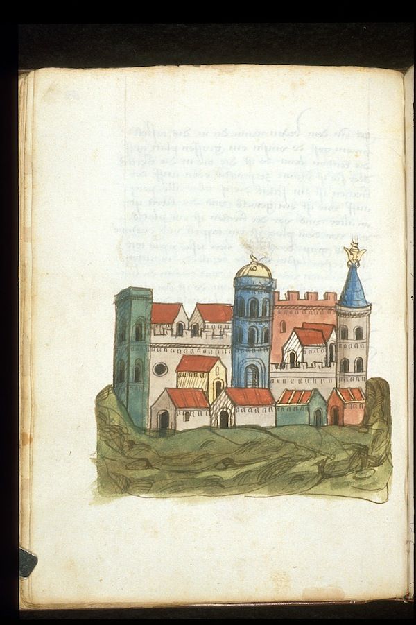 A colorful, medieval-style castle town built on a hill, as depicted in an illuminated manuscript.